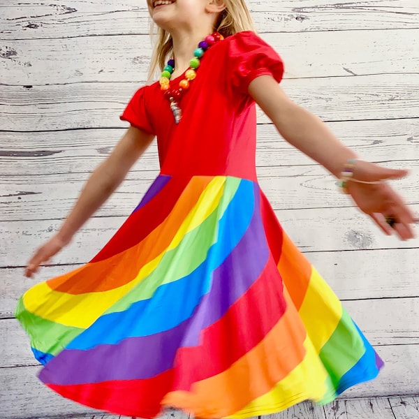 Twirly Red Rainbow Dress, girls, toddler, buttery soft, twirl, optical illusion, rainbow, bright, full circle skirt, spinning