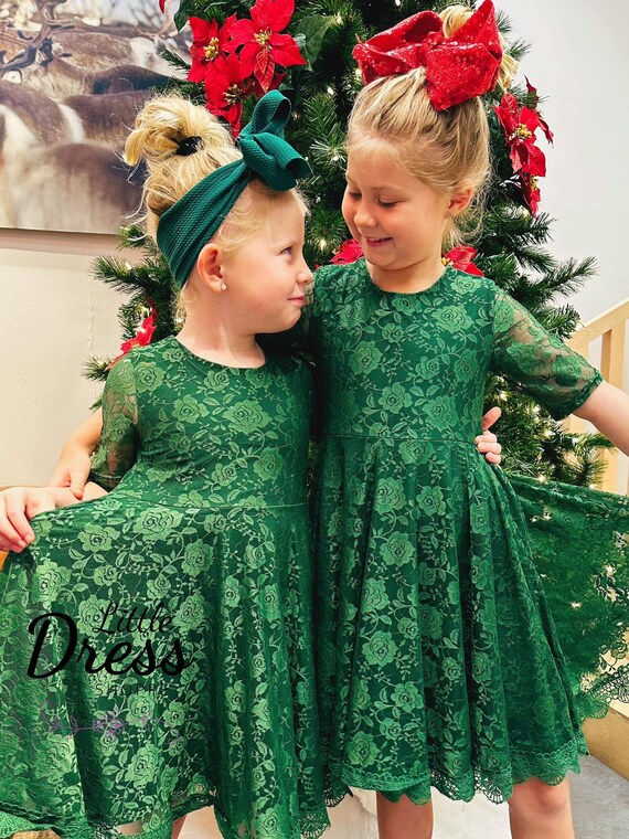Half Sleeve Green Lace Twirly Dress fancy Christmas holiday pockets girls toddler tween soft twirl holiday matching set