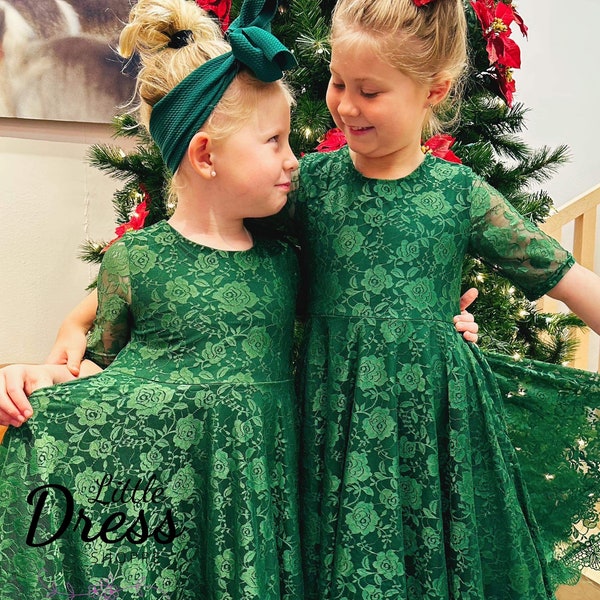 Vestido verde rodado de renda com mangas curtas, elegante, natalino, festivo, com bolsos, para meninas, bebês e pré-adolescentes, macio, rodado, para as festas de fim de ano, conjunto combinando