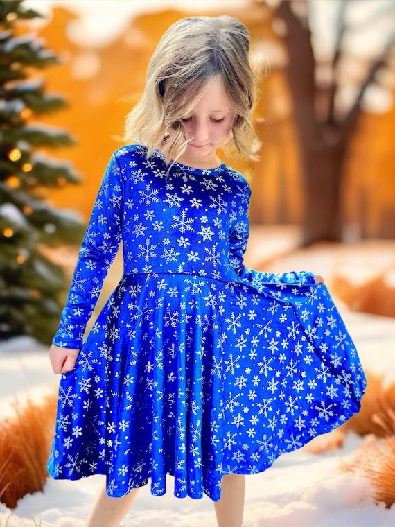 Velvet blue snowflake long sleeve dress, Christmas, winter, pockets, kids, little dress shoppe, twirl, twirly, soft, adult, toddler, snow