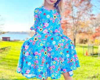 Bell Sleeve Floral Twirly Dress, Easter, pastel, pockets, twirl, flower, pockets, girls, toddler, kid, spring, church