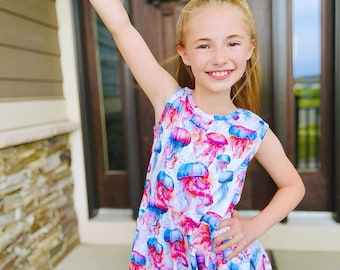 Abito canotta svolazzante a forma di medusa, per bambine, tasche, spiaggia, oceano, bambini, volteggiare, morbido, bambino piccolo, negozio di vestiti, estate, senza maniche, compleanno