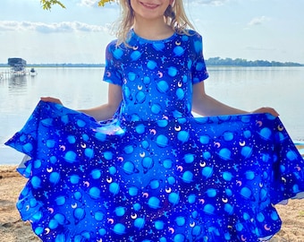 Girls' Twirly Galaxy Dress, Buttery Soft Fabric, Planet & Moon Design