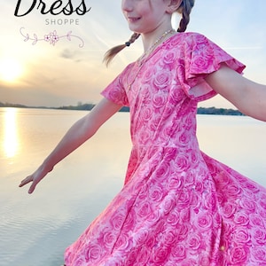 Rose twirly Dress, flutter sleeve, girls, pockets, twirl, little dress shoppe, pink, floral, kids, tween, full circle
