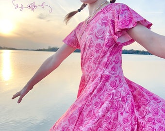 Rosa Kleid, Twirly Kleid, Mädchen, Taschen, Twirl, wenig Kleid Shoppe, rosa, floral, Kinder, tween, Vollkreis