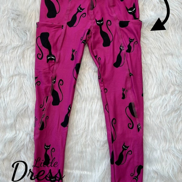 Pink and Black Cat leggings, pockets, Halloween, animal, pants, girls, toddler, kids, stretchy