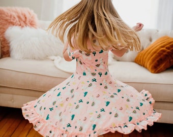 Llama dress, twirly dress, animal print, twirl dress, buttery soft, ruffle, ruffles, pink, cactus dress, cap sleeve