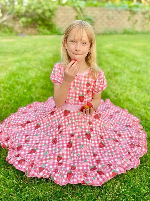 Erdbeer Twirl Kleid, butterweich, Obst Kleid, rosa, Kleid, Tellerrock Kleinkind twirly, voller Sommer, rot, Schulanfang Kleid