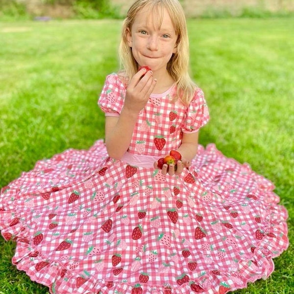Strawberry Twirl Dress, buttery soft, fruit dress, summer, pink, red, toddler dress, back to school dress, twirly, full circle skirt