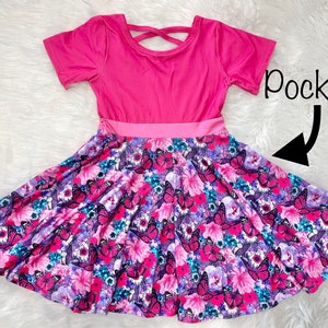 Butterfly Color Block Twirly Dress, pink, floral, full circle skirt, tank dress, kids, toddler, girls, buttery soft