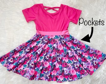 Butterfly Color Block Twirly Dress, pink, floral, full circle skirt, tank dress, kids, toddler, girls, buttery soft