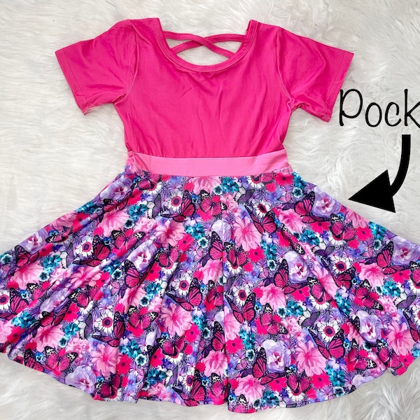 Butterfly Color Block Twirly Dress, pink, floral, full circle skirt, tank dress, kids, toddler, girls, buttery soft