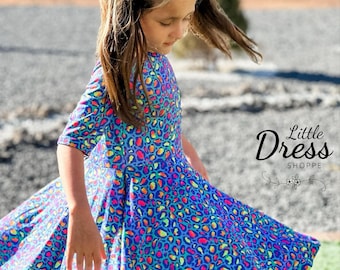 Neon Purple leopard dress, twirl, twirly, pockets, girls, rainbow, gift, kids, animal print, soft, full circle, little dress shoppe