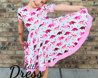 Pink Dinosaur Twirly Dress, toddler dress, animal print, Dino, pink, twirl, full circle skirt, kids dress, buttery soft