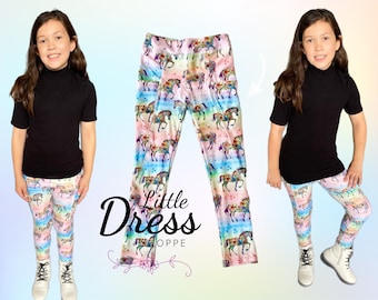 Pastel Rainbow Horse leggings, kinderen, zakken, broeken, meisjes, herfst, herfst, stretch, yoga, roze, blauw, geel, peuter, tween