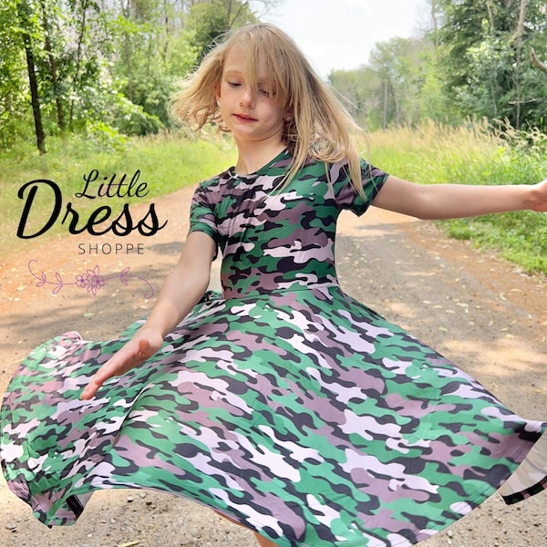 Camouflage Twirly Dress, matching set, army, hunting, Memorial Day, veteran, twirl, pockets, girls, full circle, kids, toddler, military