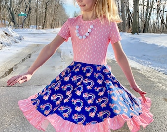 Rainbows and Raindrops Twirly Dress, pink, blue, floral, kids, toddler, spring, rain, buttery soft, full circle skirt