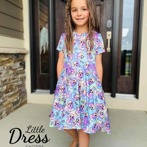 Neon ghost twirly dress, pink, purple, irradescent, pockets, kids, girls, twirl, spin, Halloween, spooky, cap sleeve, neon