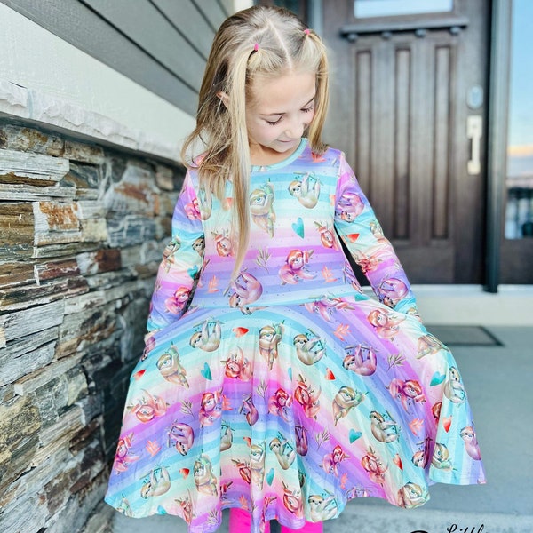 Sloth Long Sleeved Twirly Dress, rainbow, pockets, girls, toddler, kids, soft, heart, Valentine’s Day, pre school, twirl, full circle skirt