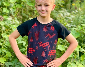 Woodland Animals Buffalo Plaid Sibling Shirt, broer of zus set, Kerstmis, vakantie, winter, bijpassende set, jongens, Raglan, broer, unisex
