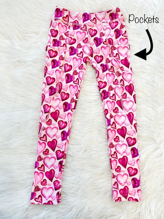 Valentines Pink Balloon Heart Leggings, kids, toddler, girls, tween,  pockets, heart, soft