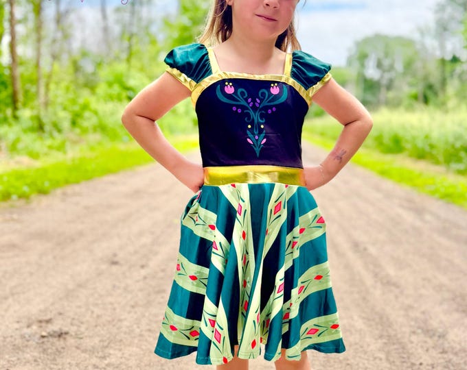 Ice Princess SIster Twirly Dress, girls, pockets, toddler, Green, Anna, Little Dress Shoppe, floral, winter, snow, ice