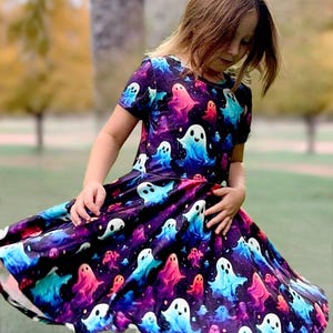 Neon Ghost on Black Background Twirly Dress, Halloween, fall, twirl, twirly, girls, pockets, soft, little dress shoppe