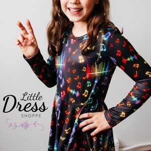 Music Note Twirly Dress, teacher, loud, pockets, twirl, black, band, orchestra, piano, recital, rainbow, girls, twirl, soft, concert