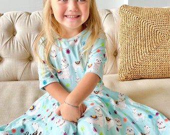 Blue Llama Twirly Dress, half sleeve, pockets, animal print, Mexico, girls, twirl, gift, toddler, tween, soft, outfit,