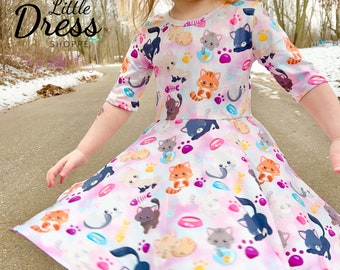 Kitty tank and half sleeve dress, twirly, twirl, cat, girls, animal print, pockets, pink, full circle, fish, toddler, summer, tank dress
