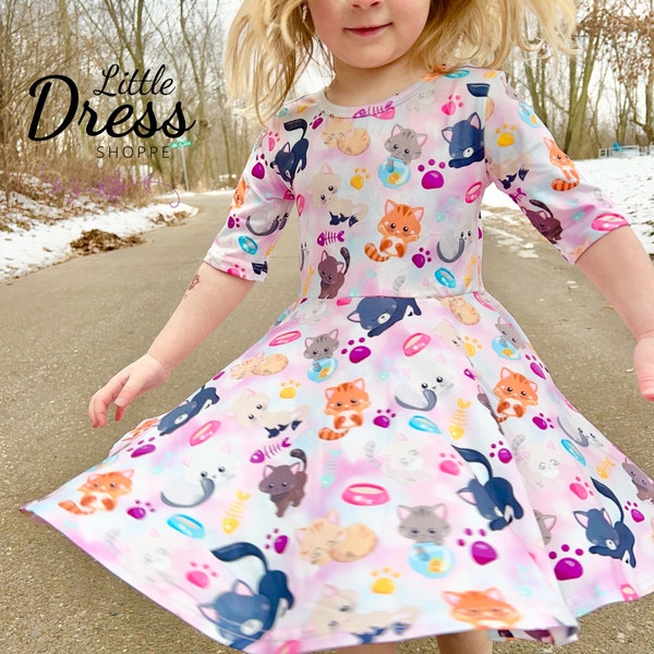 Kitty tank and half sleeve dress, twirly, twirl, cat, girls, animal print, pockets, pink, full circle, fish, toddler, summer, tank dress