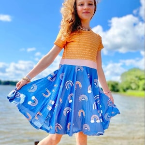Mustard and Rainbow Twirly Dress, fall, girls, toddler, kids, full circle skirt, twirl, rainbow, blue, cap sleeve, blue