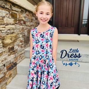 Panda Floral Twirly Dress, animal print, sleeveless, twirl, little dress shoppe, rainbow, girls, pockets, toddler, bear, kids