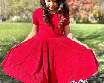 Rotes glitzerndes Twirly-Kleid für Erwachsene und Kinder, Größen, Taschen, ausgefallen, kleines Kleidergeschäft, Twirl, Weihnachten, Valentinstag, Mädchen, Tween, Teenager