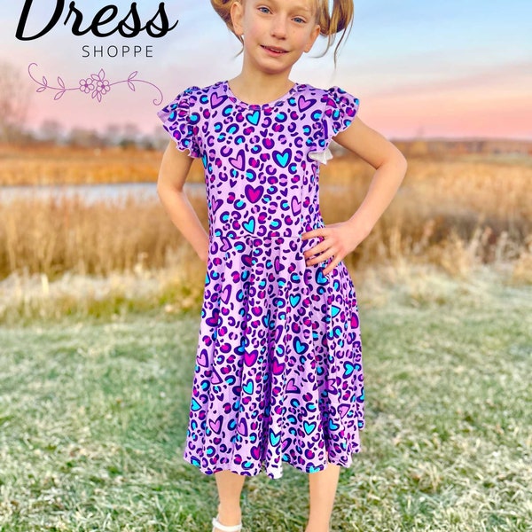 Purple Leopard Heart Twirly Dress, girls, dress shoppe, pockets, animal print, Valentine’s Day, teal, twirl, kids, toddler, tween