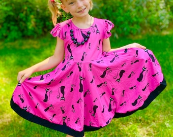 Cat dress, twirly dress, pink, purple, flutter sleeve, black and pink, full circle skirt, buttery soft, fall dress
