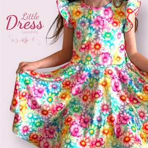 Rainbow Daisy Twirly Dress, girls, kids, pockets, Easter, floral, little dress shoppe, full circle, spring, flutter sleeve, full circle