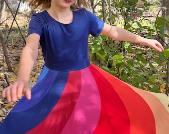 rainbow, twirly dress, blue, buttery soft, girls dress, preschool dress