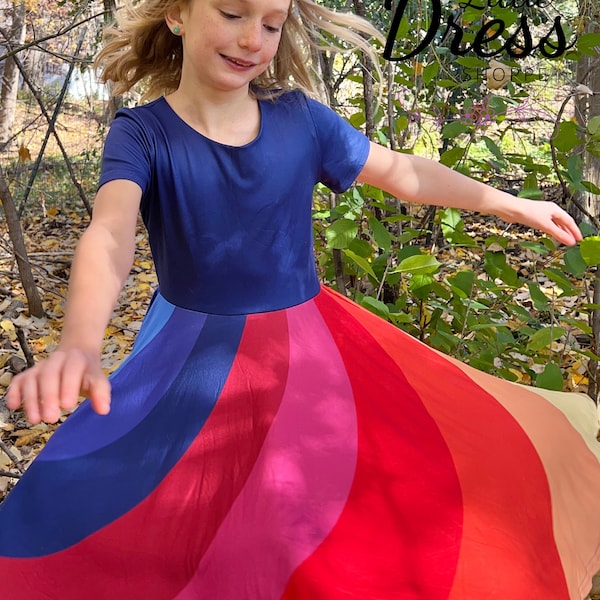 rainbow, twirly dress, blue, buttery soft, girls dress, preschool dress