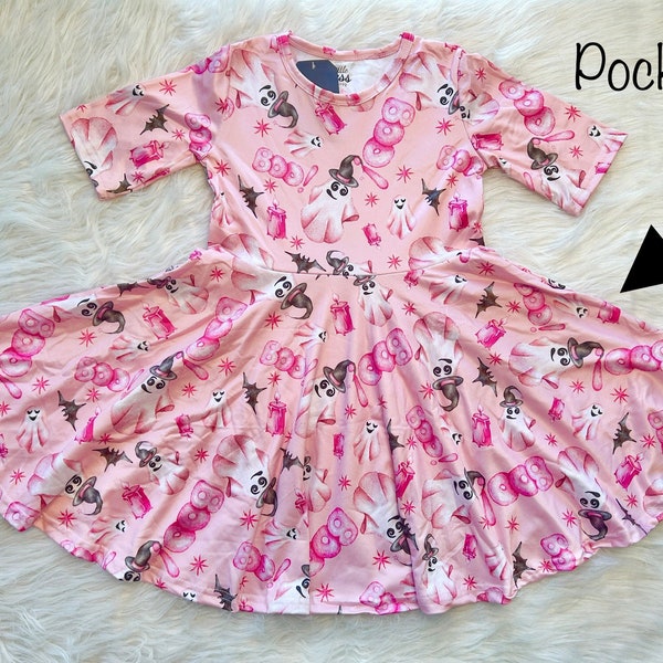 Pink ghost twirly dress, Halloween, twirl, pockets, cap, girls, kids, toddler, soft, fall, autumn