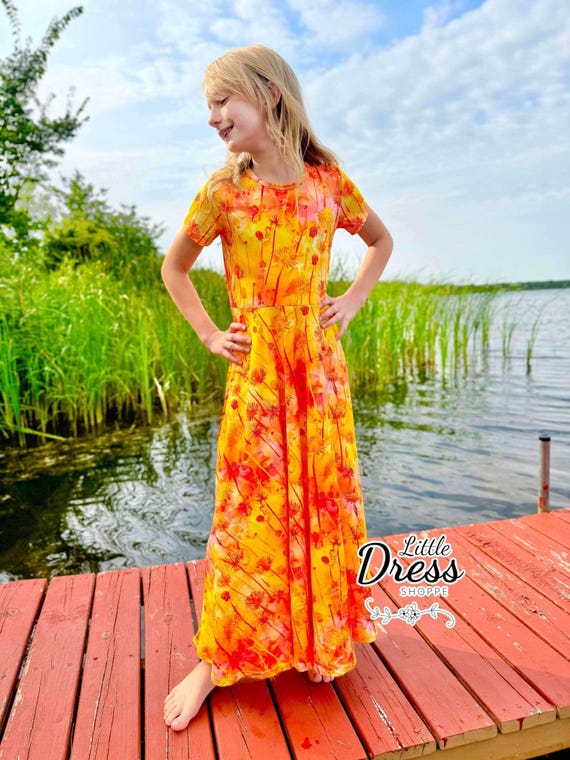 Fall Dandelion Maxi Dress, twirl, twirly, pockets, girls, kids, little dress shoppe, full length, orange, yellow, autumn, soft