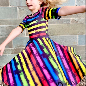 Black Rainbow Stripe Twirly Dress, twirl, pockets, kids, toddler, girls, soft, pride, half sleeve, bright, bold, children