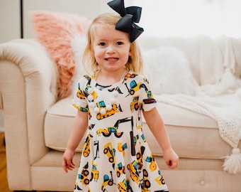 Tractors, trucks, twirly, dress, girls dress, preschool dress, toddler dress,