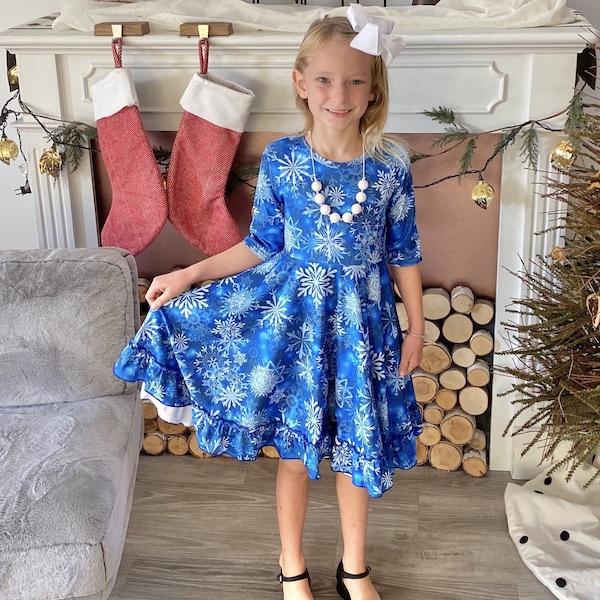 Twirly Blue Snowflake Dress, buttery soft, Christmas dress, Holiday dress, toddler, kids, girls dress, ruffle, winter dress, long sleeve