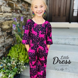 Sparkle Unicorn Jumper, pockets, kids, toddler, tween, buttery soft, black, pink, pants