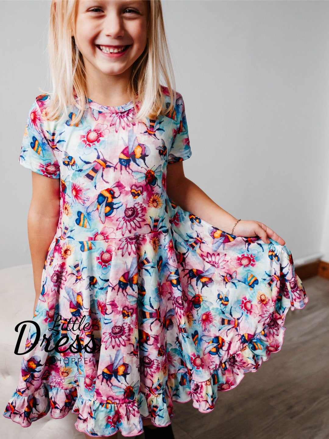 Flutter Sleeve Twirl Dress Spring Neon Florals (Youth) Made To Order