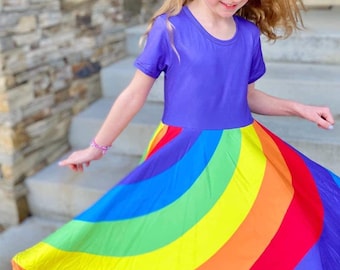 Purple Rainbow Dress, half sleeve, twirly dress, rainbow colors, rainbow baby, rainbow lover, girls dress, twirl dress, full circle skirt.