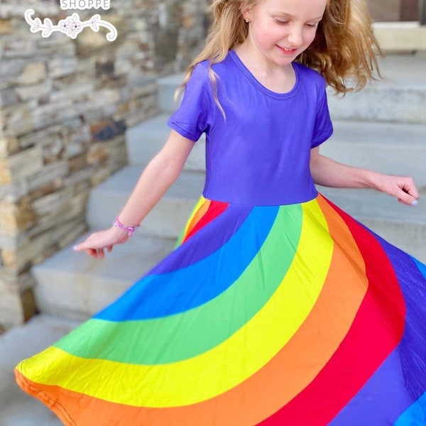 Purple Rainbow Dress, half sleeve, twirly dress, rainbow colors, rainbow baby, rainbow lover, girls dress, twirl dress, full circle skirt.