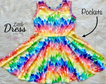 Rainbow Trees Twirly Tank Dress, girls, summer, camping, little dress shoppe, pockets, soft, twirl, kids, flare, ombre, forest, outdoorsy