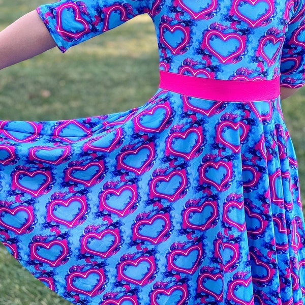 Blue and Pink Neon Hearts Twirly Dress, Valentines Day, Twirl, Twirly, Girls, toddler, kids, pockets, blue, pink, heart, soft, bright